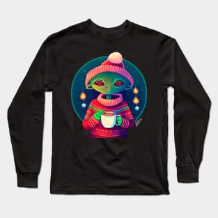Christmas Funny Alien Drinking Coffee Wearing Sweater Long Sleeve T-Shirt